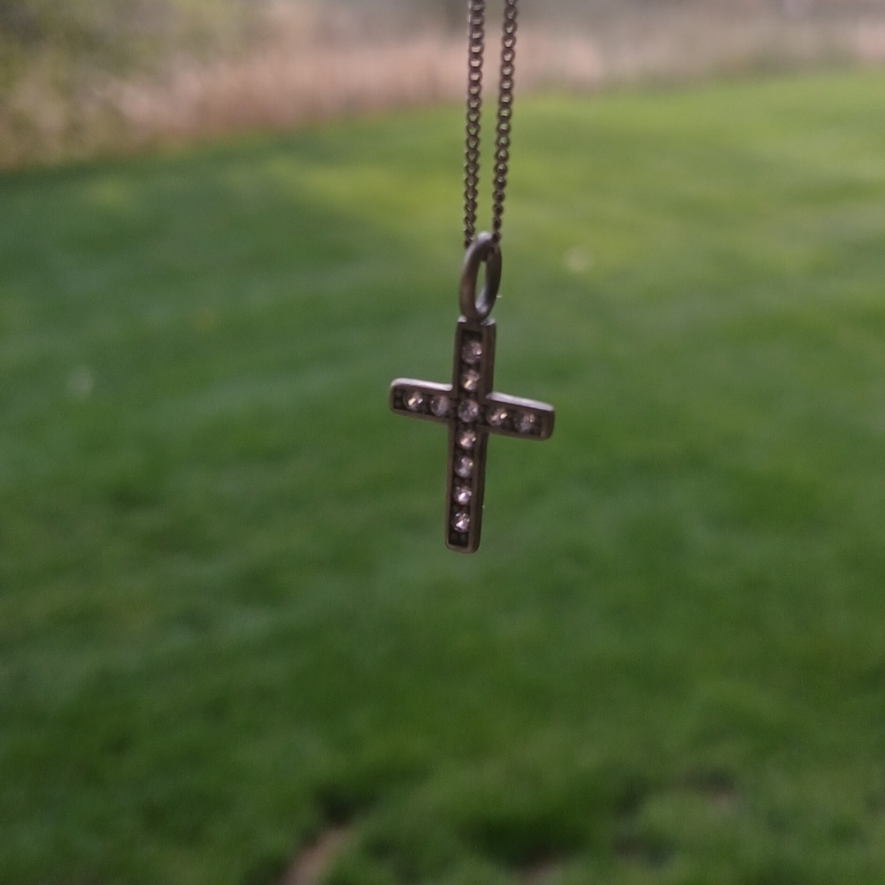 Vintage Sterling Petite Cross W/Tiny Diamonds 18" Chain